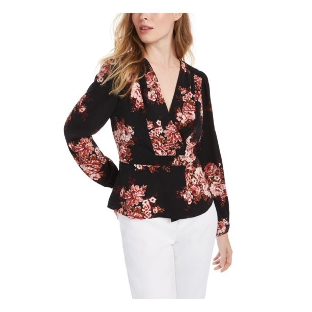 NWT Leyden V Neck Floral Wrap Black Blouse XS